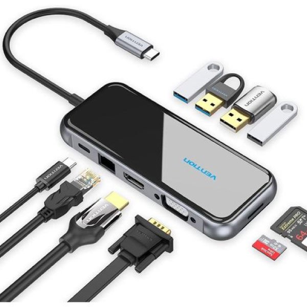 vention usb c multi function 10 in 1 docking station usb c to hdmi vga usb3.0 2 usb2.0 2 rj45 tf sd pd docking station 0.15m gray mirrored surface type tfghb.jpg vention usb c multi function 10 in 1 docking station usb c to hdmi vga usb3.0 2 usb2.0 2 rj45 tf sd pd docking station 0.15m gray mirrored surface type tfghb.jpg