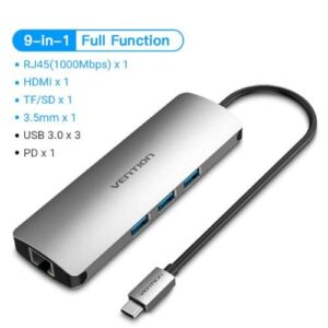 vention usb c multi function 9 in 1 docking station hdmi usb3.0x3 rj45 sd tf trrs 3.5mm pd docking station 0.15m gray aluminum alloy type 100w tolhb.jpg