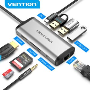 vention usb c multi function 9 in 1 docking station type c to hdmi usb3.0 3 tf sd rj45 3.5mm pd docking station 0.15m gray metal type 87w thahb.jpg